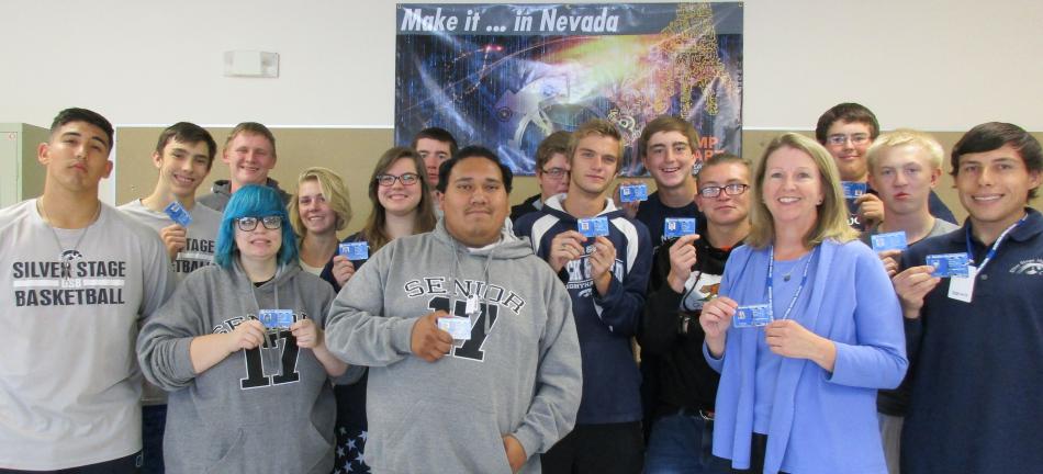 Stage High School students show their WNC ID cards. The students are enrolled in instructor Emily Howarth’s classes.