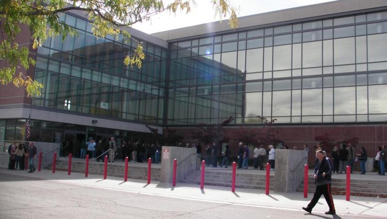 Early voters line up outside the Carson City courthouse Saturday.