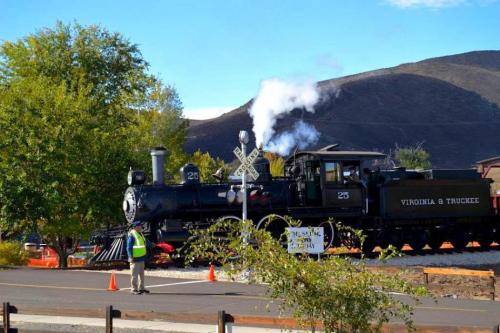 The Harvest Train, V&T No. 25 Engine, crosses the road at the NSRM. Photo by Lisa Fisher.