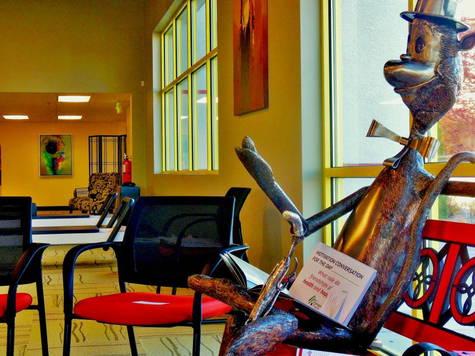 Photos by Brett Fisher. The Cat in the Hat presides over the motivational conversations area.