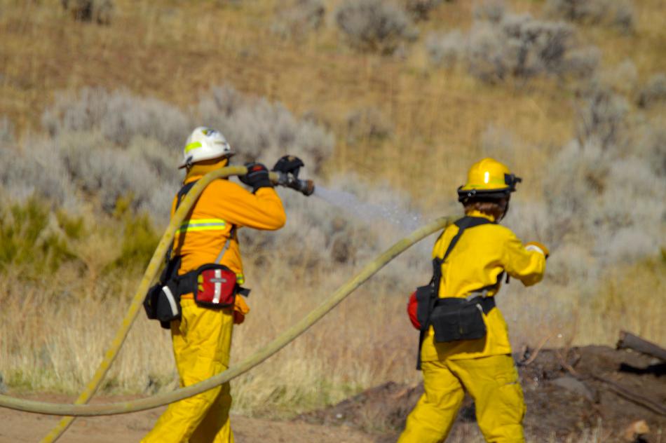 Wildland firefighters spray an area ahead of them with water to create a fire line.