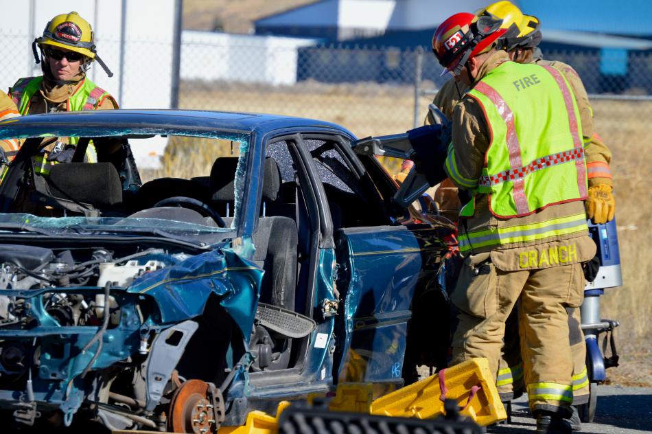 The jaws of life are used during a mock vehicle extraction exercise.