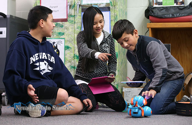 Photos by Cathleen Allison/Nevada Photo Source. Fritsch 5th graders David Stoffer (left), Emily Tran, and Tristan Perez.