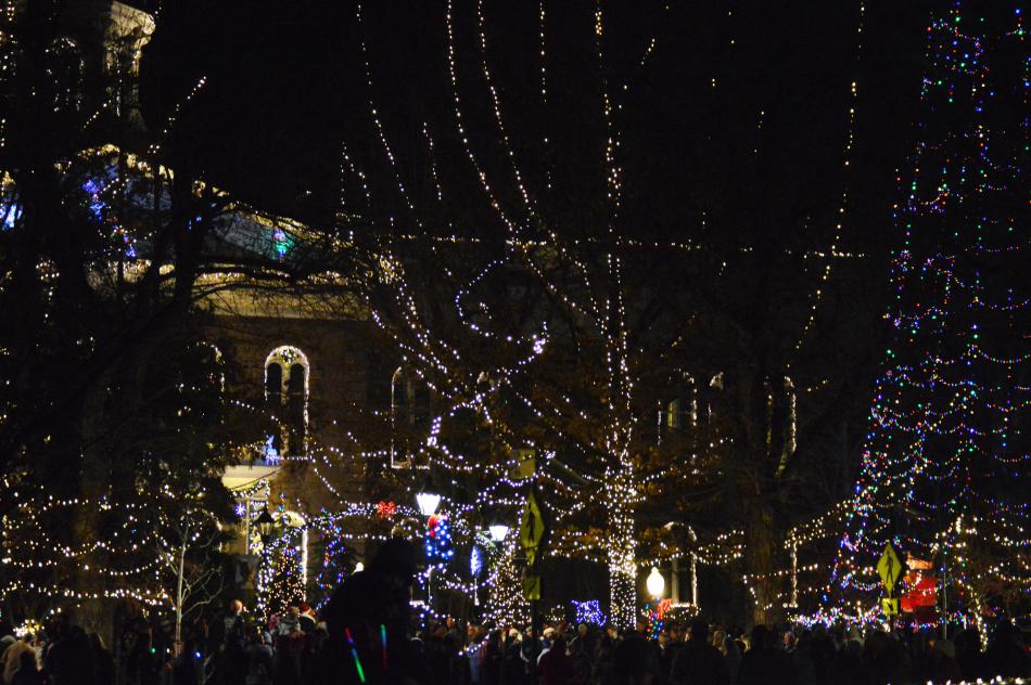 Christmas decorations light up the Capitol grounds Friday night.
