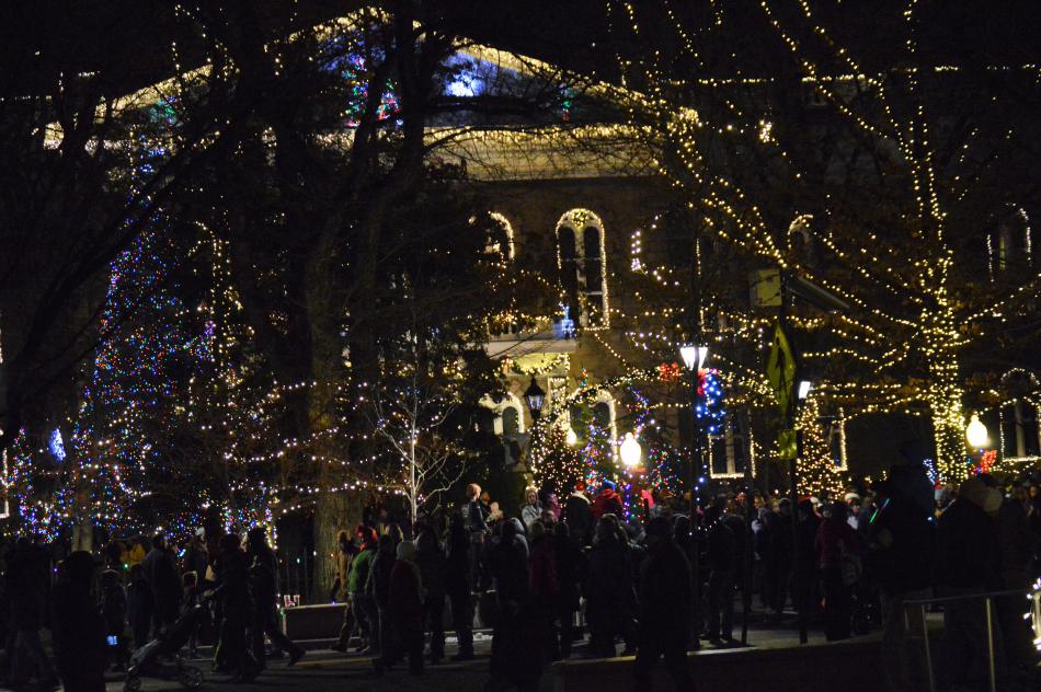 Christmas decorations light up the Capitol grounds Friday night.