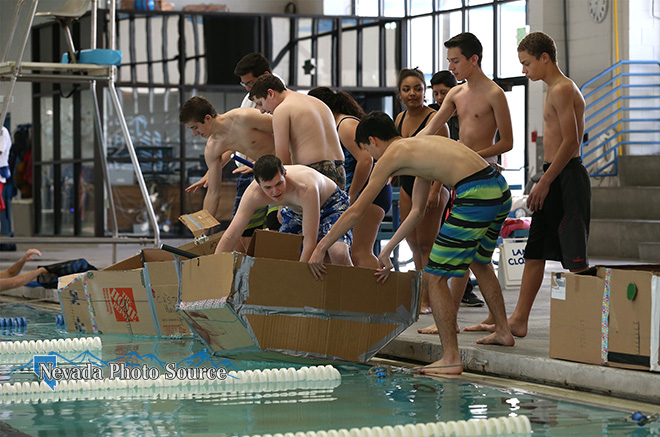 Carson High School Naval Junior ROTC students compete in a cardboard vessel competition at the Aquatics Facility in Carson City.