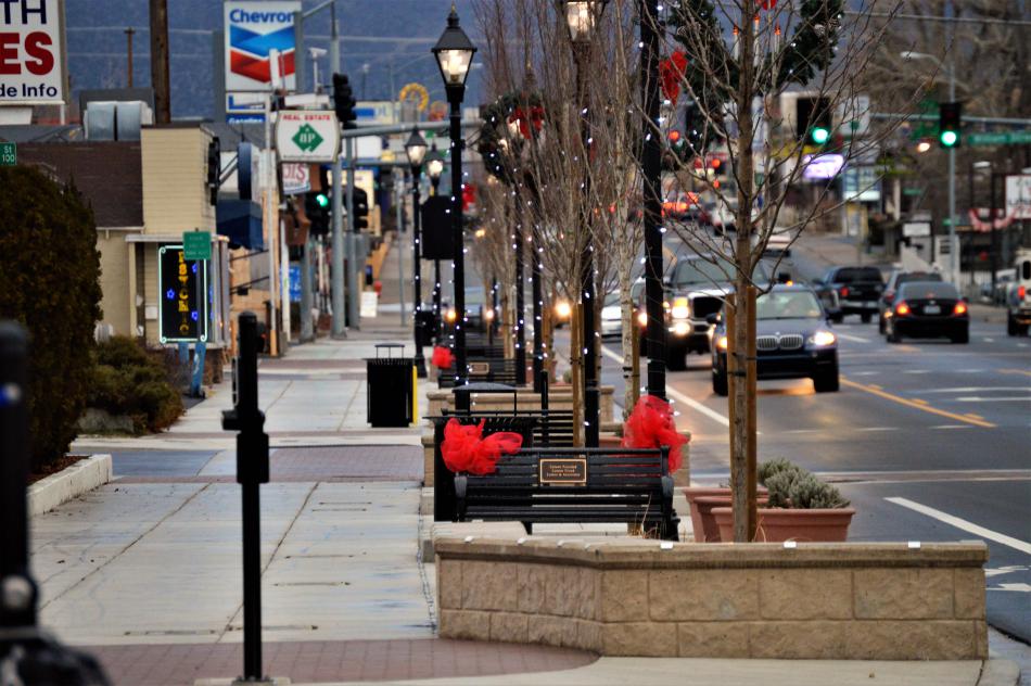Benches along the sidewalk of the new downtown Carson Street corridor between William and Fifth streets.
