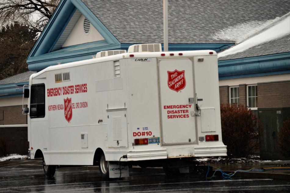 Salvation Army mobile relief truck at the LDS Church evacuation center on Saliman.