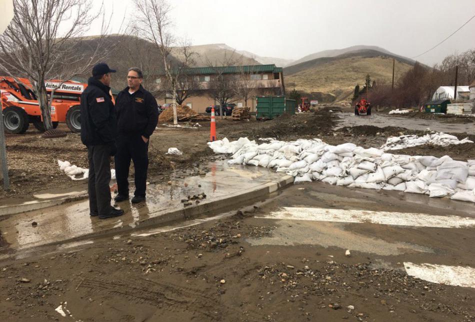 Gov. Sandoval met today with Fire Chief Schreihans  and Mayor Crowell to evaluate flood damage. Photo by Governor's Office.
