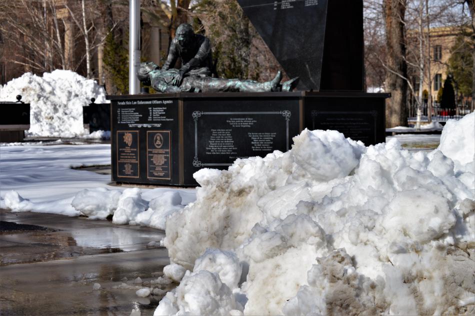 Snow berms around the Nevada Law Enforcement Officers Memorial on Capitol Plaza.