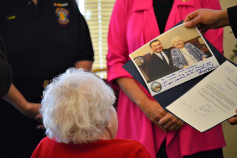 WWII WAC veteran Phyllis Bendure is honored by Gov. Brian Sandoval's office.