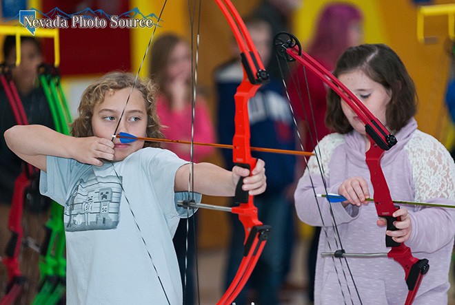 Cayden Stewart, 10, lines up a shot at Frisch Elementary in Carson City.  Kevin Clifford, Nevada Photo Source