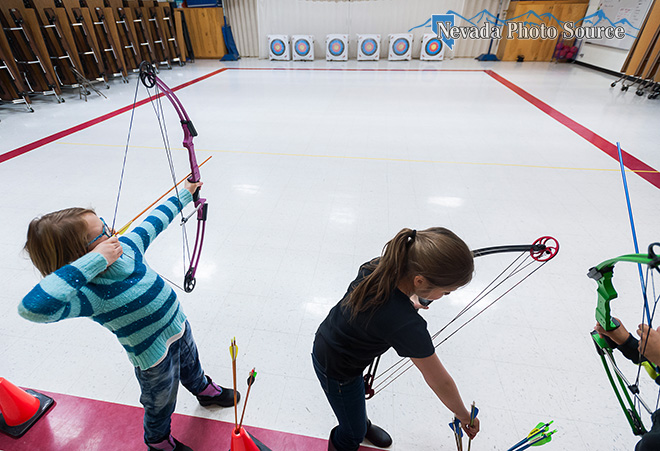Eleanor Romeo, 9, lines up a practice shot as part of the Archery in Schools team. Kevin Clifford, Nevada Photo Source