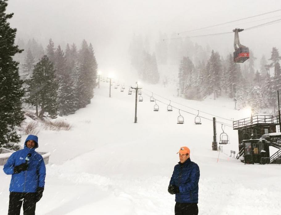 Paul Goodloe with The Weather Channel conducts his program live with City of South Lake Tahoe mayor Austin Sass.