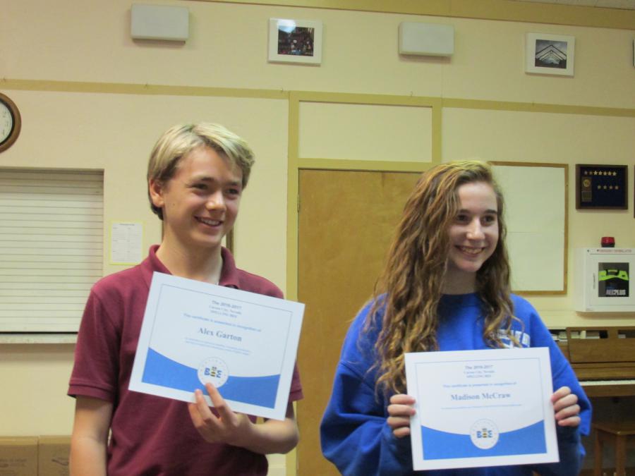 8th Grade Bee: Alex Garton from Bethlehem Lutheran and City Champion, Madison McCraw from St. Teresa