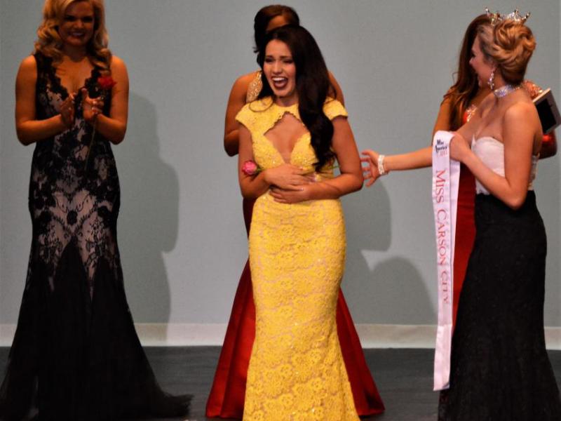 Photos by Brett Fisher. Macie Tuell (center, yellow) reacts to being named Miss Carson City 2017 Saturday.