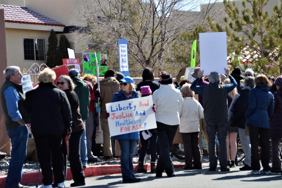 Protesters gather at the gate near the banquet room entrance at the Gold Dust West.