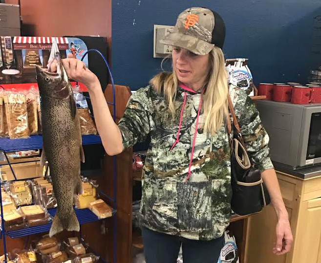 Michelle Schalk from Gardnerville with her 4.5 pound rainbow she caught at Topaz Lake.