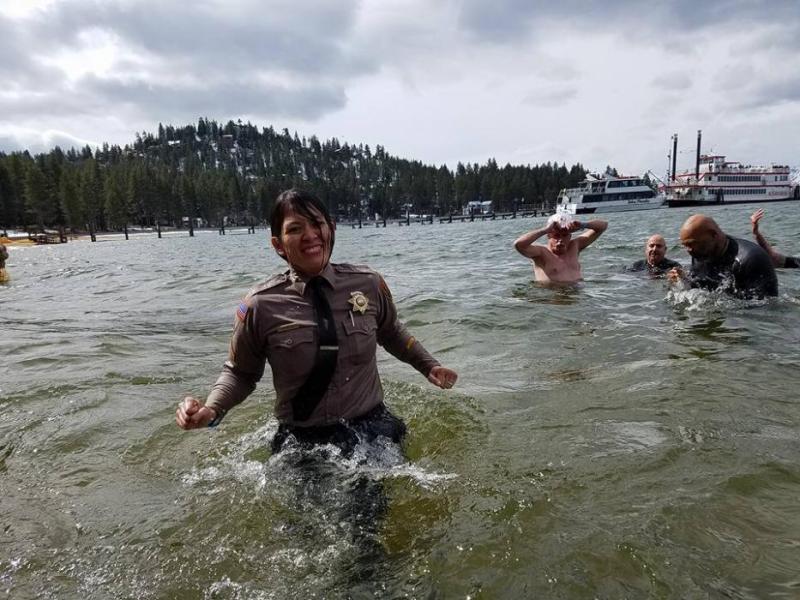 NDOC Correctional Officer Amber Fryer takes the plunge Saturday at Lake Tahoe's Zephyr Cove. Photo courtesy: Monica Navarro