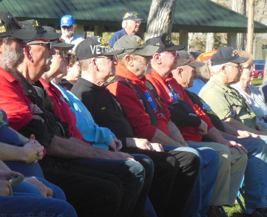 Vietnam War veterans listen to Mayor Crowell address them Saturday at Mills Park.