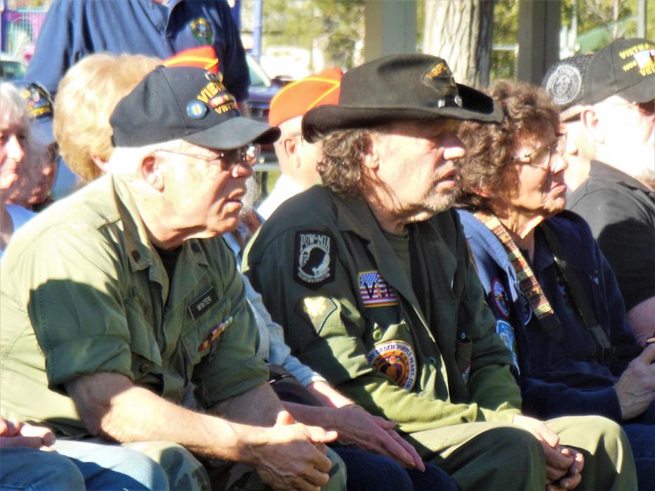 Vietnam War veterans listen to Mayor Crowell's address Saturday at Mills Park.