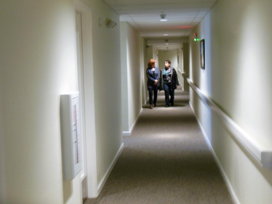 Residential hallway with apartments located on either side.