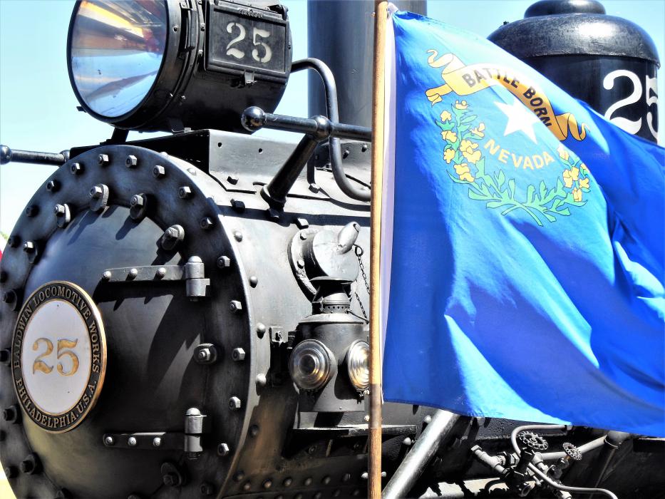 Virginia and Truckee Engine No. 25 bearing the Nevada state flag.