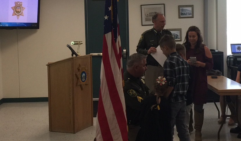New Sgt. David Legros with children Morgen, Masen, Madi and wife Dena.