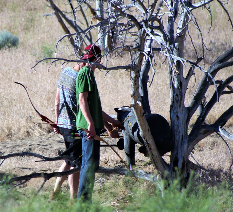 Recurve archers recover their arrows from a 3-D panther target.