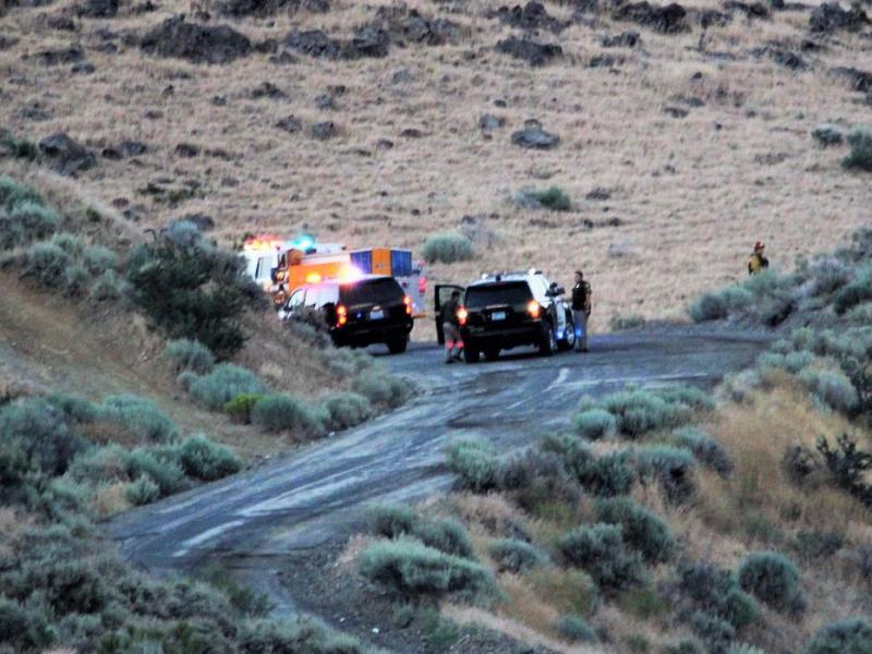 Photo by Brett Fisher. Carson City emergency crews on scene of a brush fire in Goni Canyon.