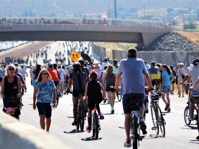 The final section of freeway will open next month. Residents got a chance to stroll on it Saturday. Photo by Brettt Fisher
