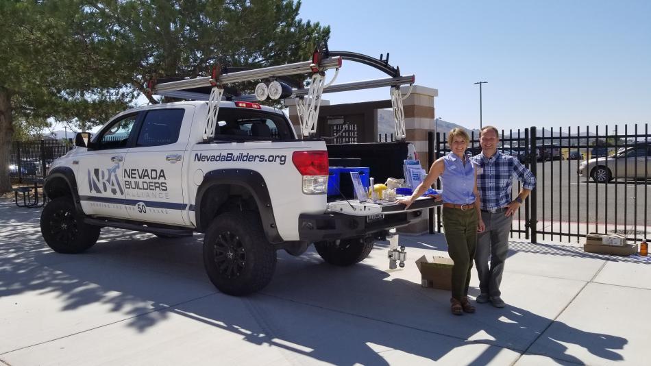 Pam Duxbury, outreach coordinator for Nevada Builders Alliance, and Nigel Harrison, construction instructor at WNC.