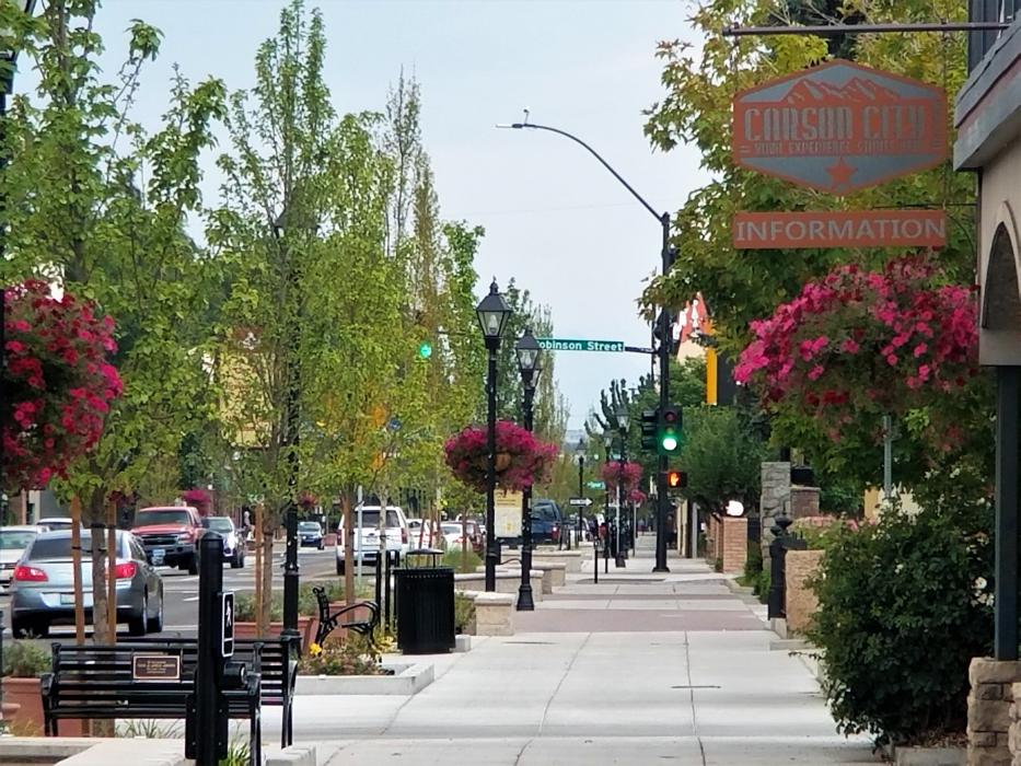 Photo by Brett Fisher. Looking north on sidewalk along North Carson Street at Washington.