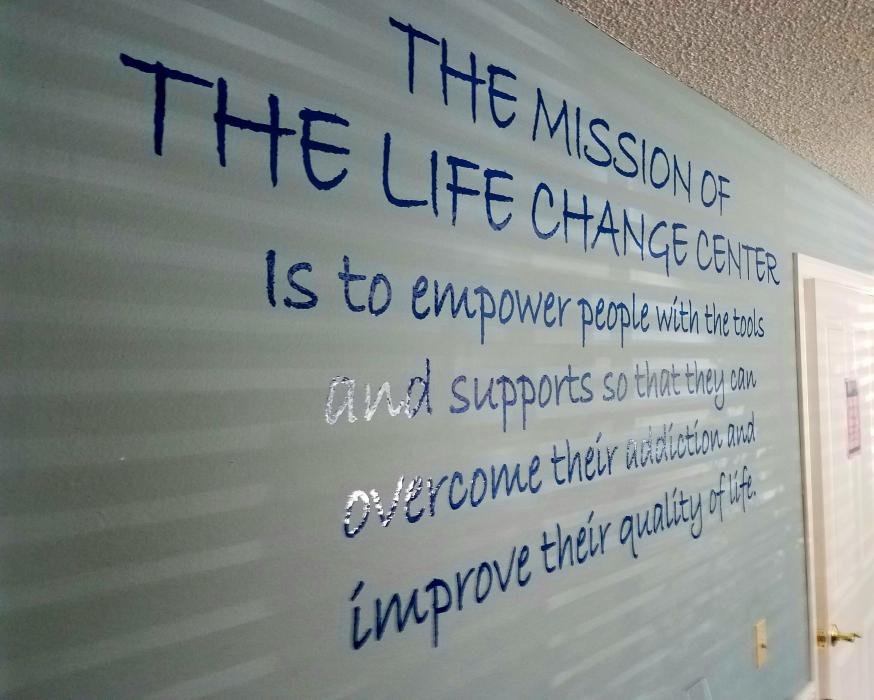 The Life Change Center's mission statement on a wall in the clinic lobby.