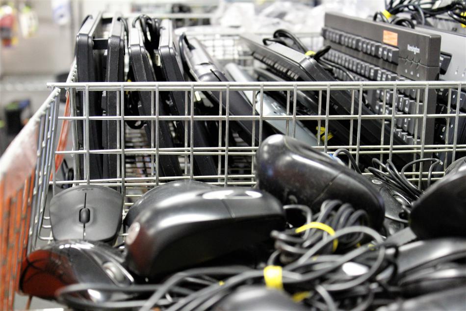 Mouse and keyboard components for sale inside the retail store.