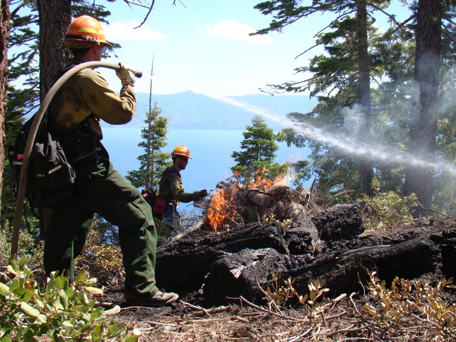 Crew members conduct prescribed fire operations above Lake Tahoe. Forest Service photo