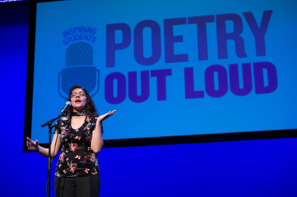 Nevada champion Gabrielle Hunt of Yerington recites a poem in the 2017 National Finals in Washington, D.C. Photo by James Kegley
