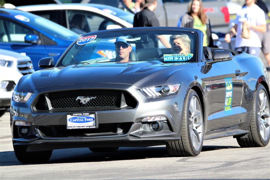 A Ford Mustang rolls out of the north parking lot of CHS for a test drive.