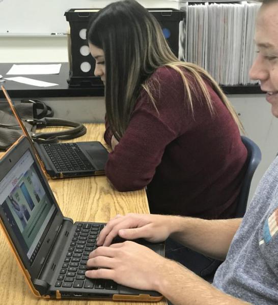 Seniors Daritza Ortega and Adam Fenton using e-Clinical Works. Photo courtesy Carson High School CTE.