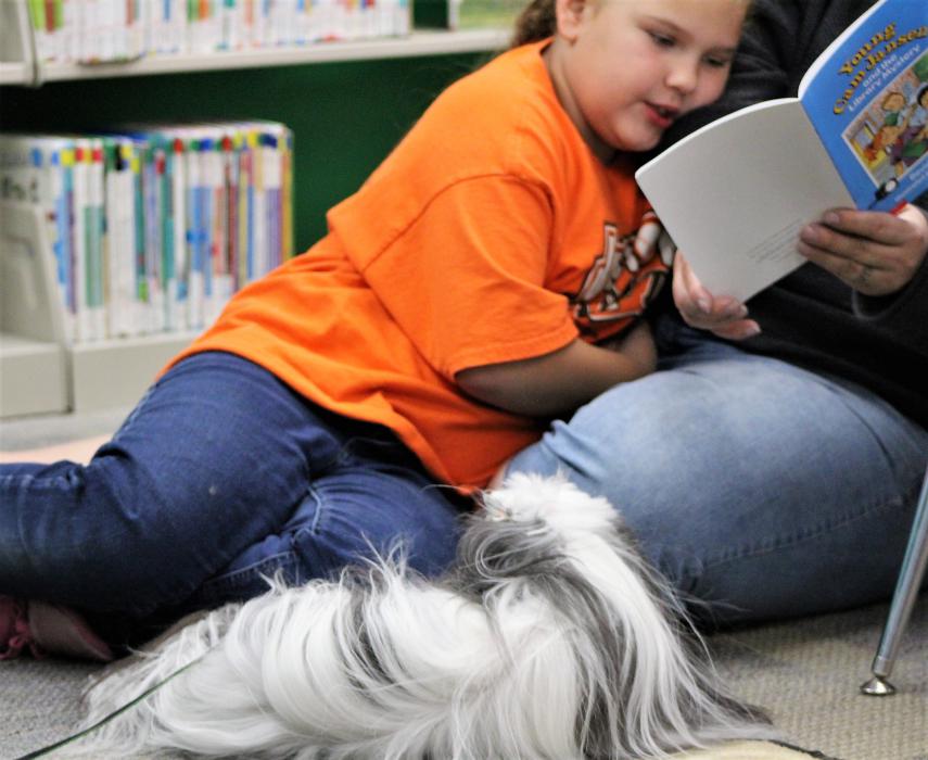 A child reads to a small therapy dog at the Carson City Library Saturday.