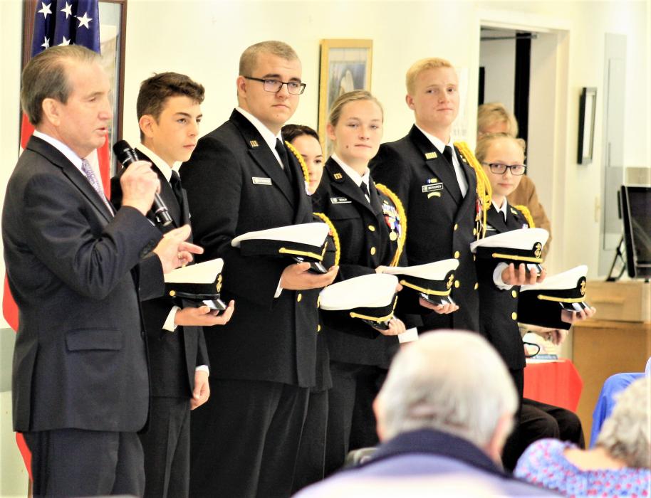 Mayor Bob Crowell introduces members of Carson High School JROTC as “the future of America” at the Veterans Day program.