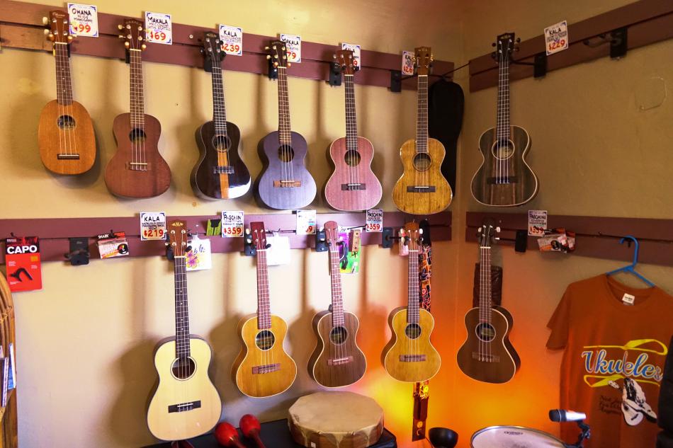 A wall of ukulele's at Play Your Own Music