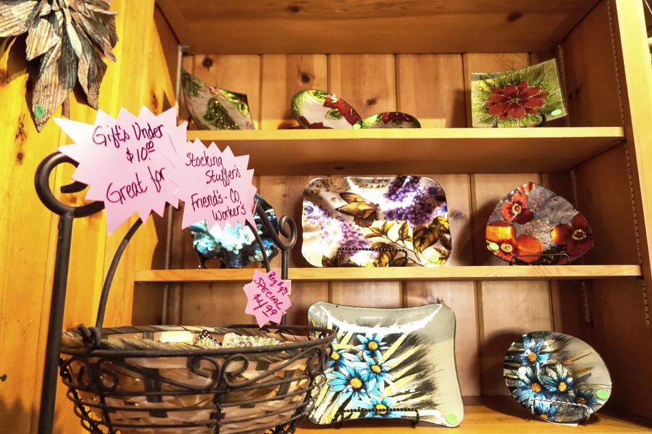 Baskets and shelves of merchandise at Touched by Angels