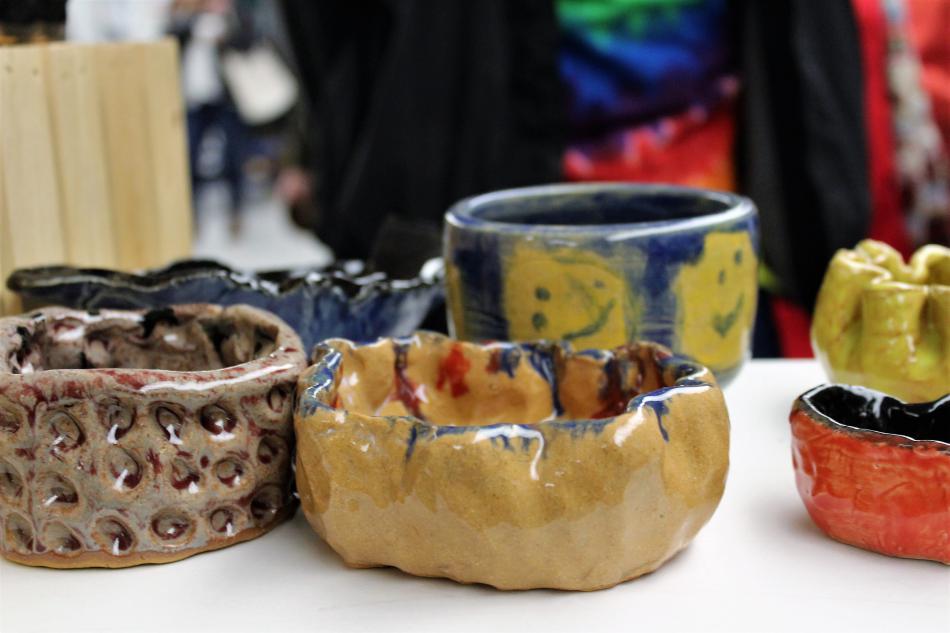 Hand made clay bowls for sale during the annual Empty Bowls fundraiser.