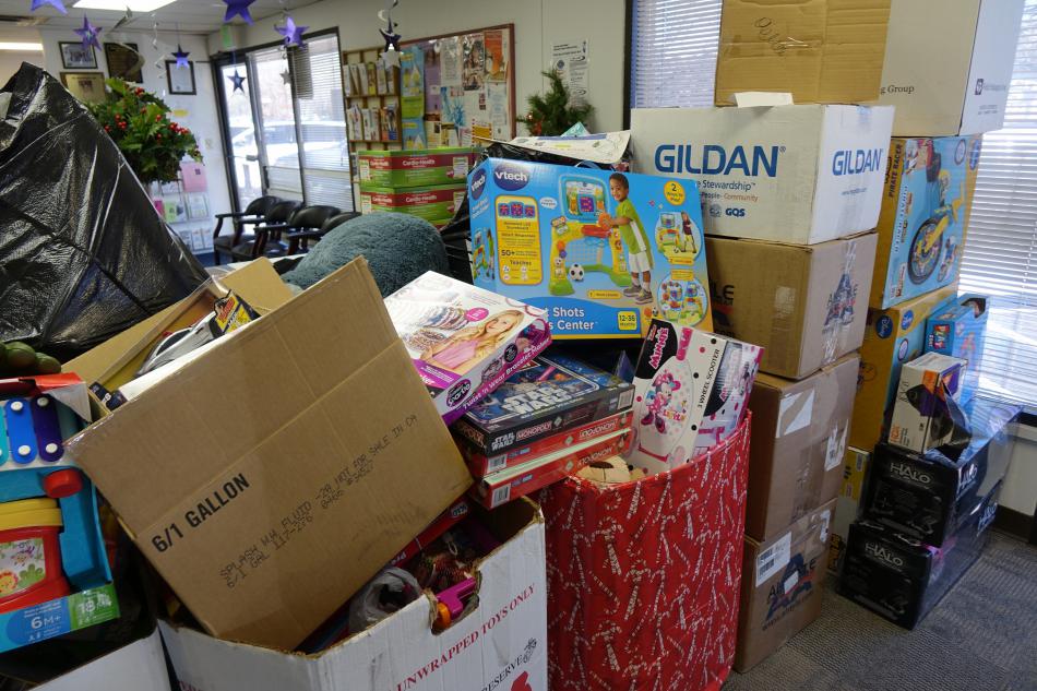 Toys piling high in the Ron Wood Center entryway