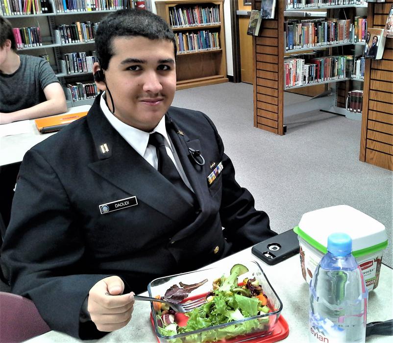 CHS Senior Yamaa Daoudi sharing his vegan lunch.