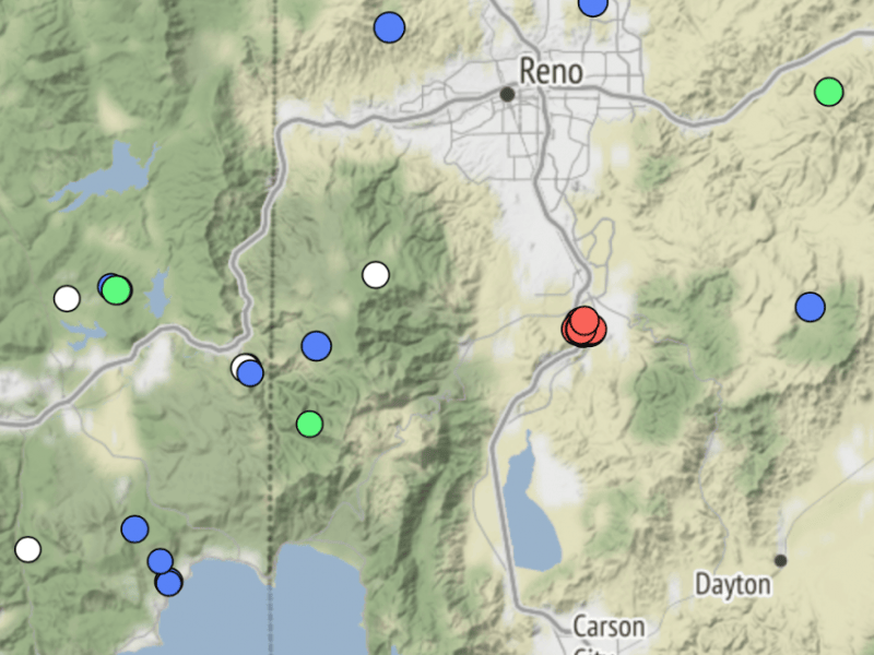 In this UNR Seismological map, the red dots indicate earthquakes within the past 12 hours.