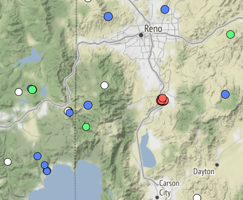 In this UNR Seismological map, the red dots indicate earthquakes within the past 12 hours.