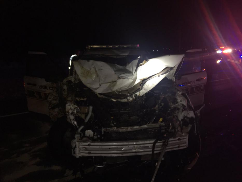A Lyon County Sheriff's Office patrol unit involved in an accident involving wild horses. Photo courtesy NHP.