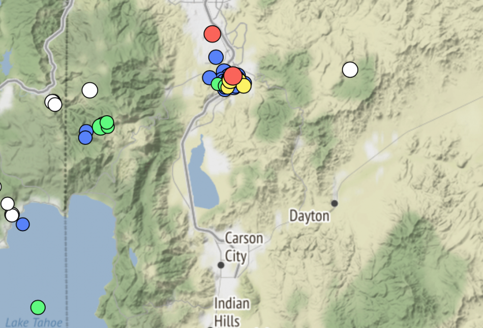The red dots reflect the Tuesday night earthquakes.